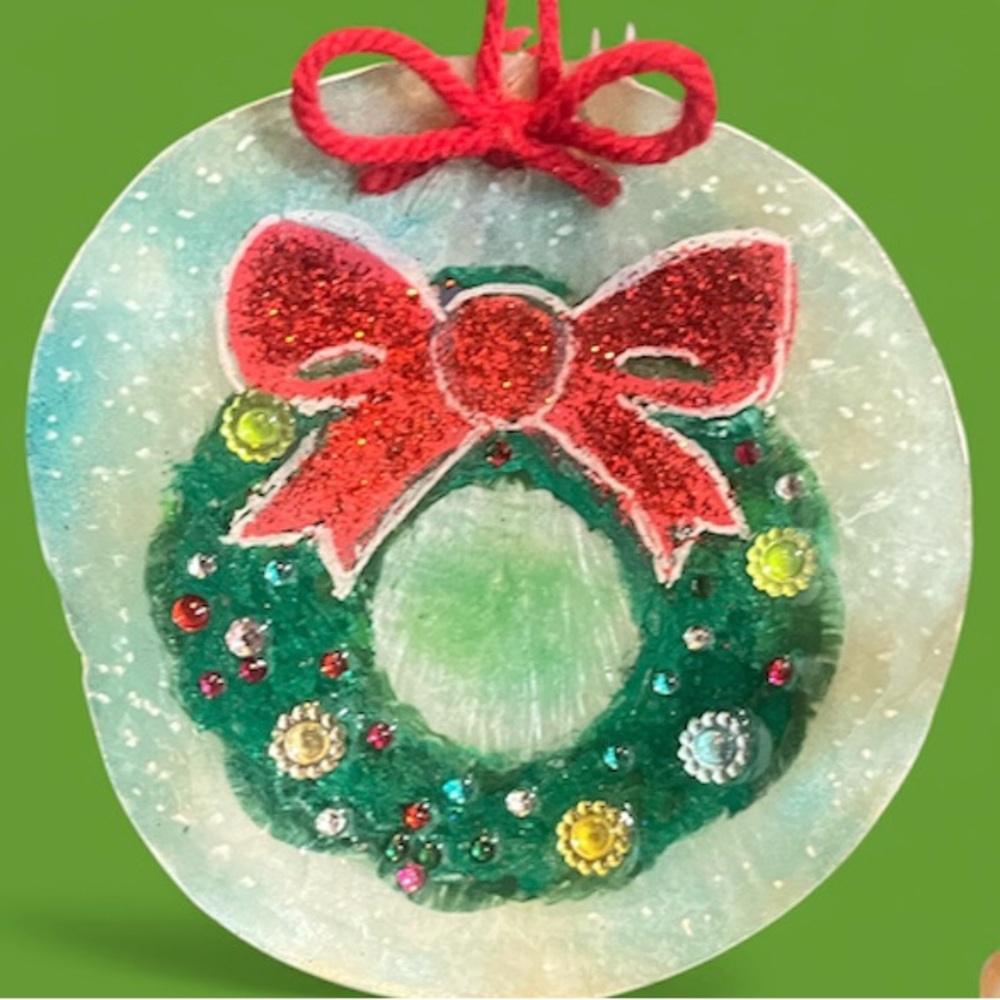 Festive Capiz Shell Christmas Wreath Ornament • Resin Coated •Holiday Decor